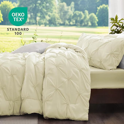 BEDELITE Beige King Size Comforter Set - 3 Pieces Boho Pintuck Bedding Comforter Sets, Lightweight Soft & Warm King Bedding Set with 2 Pillowcases for All Season