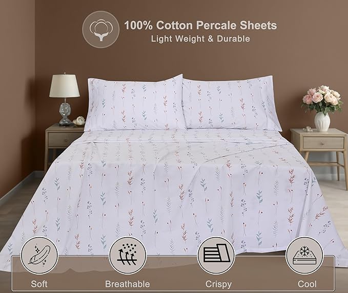 ZOYER 100% Cotton Sheets – Split King Size Percale Bedding, Cooling & Breathable, Durable with a Crisp, Soft & Comfortable Feel, 16" Deep Pocket, 5-Piece Set, Fairy Meadows