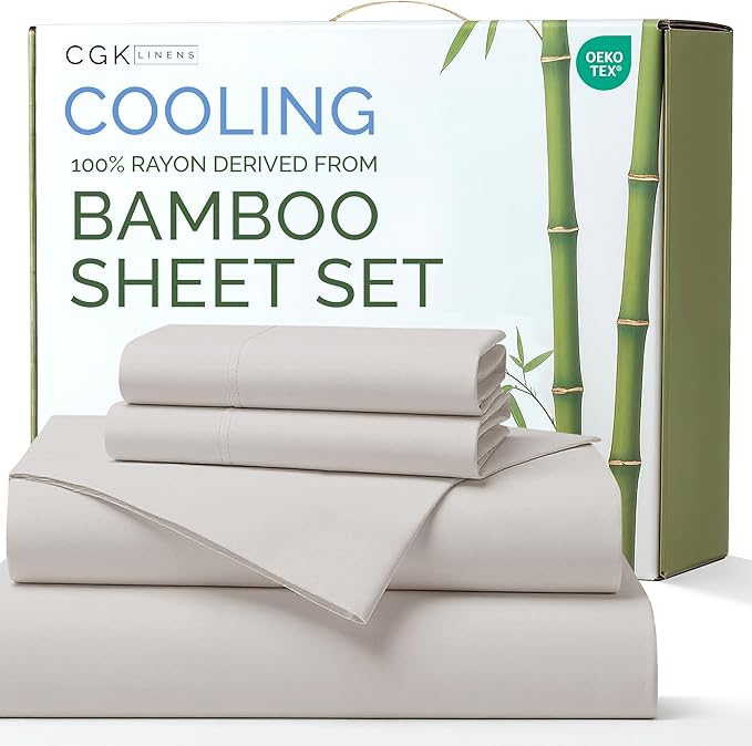 100% Rayon Derived From Bamboo - Bamboo Sheets Queen Size - Cooling Sheets for Queen - Soft, Breathable & Hotel Luxury Bedding - 1 Flat & 1 Fitted & 2 Pillowcases w/ 16 Inch Deep Pockets - Light Grey