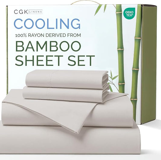 100% Rayon Derived From Bamboo - Bamboo Sheets Queen Size - Cooling Sheets for Queen - Soft, Breathable & Hotel Luxury Bedding - 1 Flat & 1 Fitted & 2 Pillowcases w/ 16 Inch Deep Pockets - Light Grey