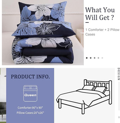 Menghomeus Queen Comforter Set Navy Blue Floral Bedding Comforter Sets - Soft Microfiber Bed Comforter Set for All Season, 3 Piece Botanical Flowers Comforter, Pillowcases