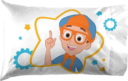 Jay Franco Kids Sheet Cartoon Set with Fitted, Flat Sheets & Pillow Cover - Ultra-Soft Bedding with Pillowcase for Room Decor, White - Blippi, 3 Piece Toddler