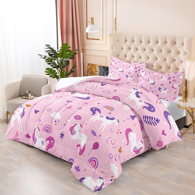 Unicorn 3 Piece Girl Bedding Set Pink 3 Pieces Bedding Set for Girls Kids,Unicorn Comforter Set Girls Room Decor,Rainbow Clouds Star Quilt Set (1 Comforter with 2 Pillowcase),All Seasons