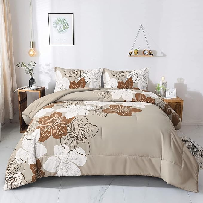 Menghomeus Brown Comforter Set King Taupe Floral Comforter Botanical Bedding Sets, Soft Bed Comforter Set for All Season (1 Comforter, 2 Pillowcases)
