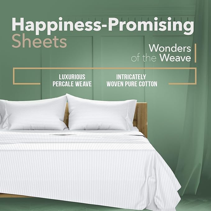 TEXAS LINEN CO. 100% Organic Cotton Printed Sheets California King Size - 4 PC Organic Cotton Cal King Percale Weave Sheet Set, Soft, Cooling & Crisp, 16" Deep Pocket - Pinstripe - Light Grey