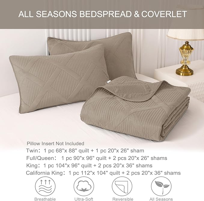 Exclusivo Mezcla Quilt Set Oversized King Size, 3 Pieces Taupe Cal King Quilt Bedding Set, Lightweight Quilts Soft Bedspreads Modern Striped Coverlets for All Seasons
