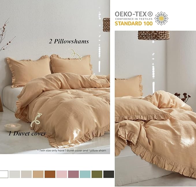 Simple&Opulence 100% Linen Duvet Cover Set, 3 PCS Natural French Flax Sand Ruffle Duvet Cover Queen Size, Breathable Comfy Linen Bedding Comforter Cover with 2 Pillowcases (Sand, 88" X 92")