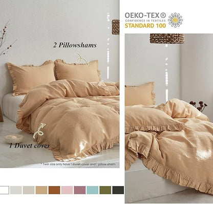 Simple&Opulence 100% Linen Duvet Cover Set, 3 PCS Natural French Flax Sand Ruffle Duvet Cover Queen Size, Breathable Comfy Linen Bedding Comforter Cover with 2 Pillowcases (Sand, 88" X 92")