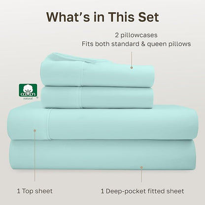 California Design Den Natural 100% Cotton Sheets, Soft Queen Sheet Set, 400 Thread Count Sateen, Deep Pockets with All-Around Elastic for a Snug Fit, Durable Bedding Set - Seafoam