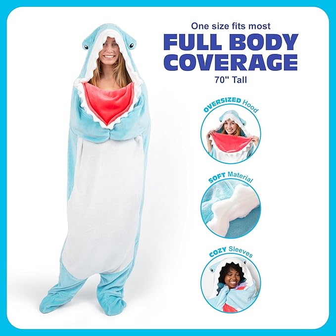 Cozy Concepts Co. Hammerhead Shark Blanket by Relatable, Wearable Blanket with Sleeve, Fun Easter Basket Stuffers, Room Decor or Easter Gifts, Comfortable Oversized 65" Throw Blanket