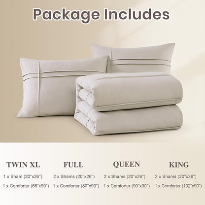 Beige Boho Twin XL Comforter Set, 2 Piece Pinch Pleat Boho Bedding Sets, Dorm Twin XL Comforter for College Girls Boys(Beige,66"*90")
