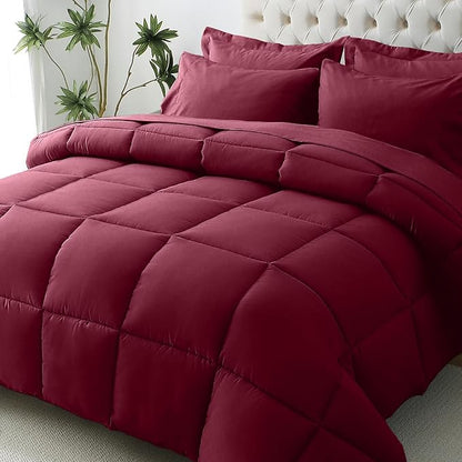 JOLLYVOGUE Queen Comforter Set, Ultra-Soft Bed in a Bag Queen Size 7 Pieces, Oeko-TEX Certified Bedding Set with Down Alternative Comforter, Sheets, Pillowcases & Shams, Burgundy