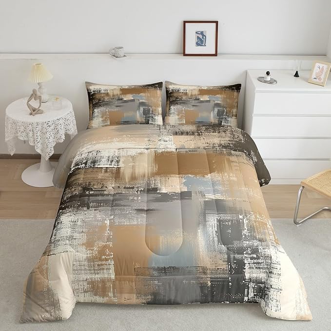 Erosebridal Graffiti Grunge Comforter Set,Brown Grey Tie Dyed Bedding Sets for Women Men,Hand Painted Watercolor Duvet Insert Lightweight,Ombre Oil Painting Down Comforter with 1 Pillowcase Warm,Twin
