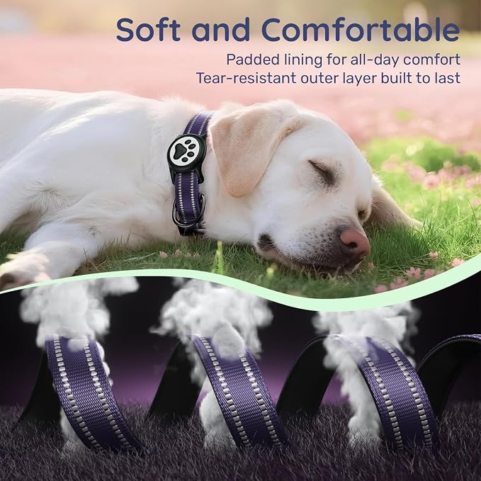 Airtag Dog Collar, Reflective Ultra-Durable Nylon Padded with QR Buckle & IP68 Waterproof Air Tag Holder Compatible for Apple AirTag, Comfortable for Small Medium Large Dogs (Purple, XS)