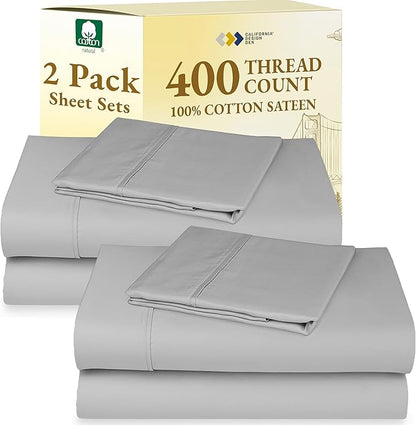 California Design Den 2-Pack Twin Cotton Sheet Sets - 400 Thread Count 100% Cotton Sateen - Soft and Breathable Sheets, 2 Sets of Deep Pocket Bed Sheets - Light Grey
