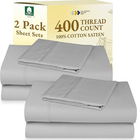California Design Den 2-Pack Twin Cotton Sheet Sets - 400 Thread Count 100% Cotton Sateen - Soft and Breathable Sheets, 2 Sets of Deep Pocket Bed Sheets - Light Grey