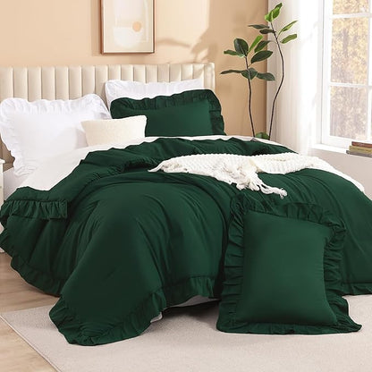 Litanika Dark Emerald Green King Comforter Set, 3 Pieces Boho Vintage Solid Forest Ruffle Bedding Set, All Season Lightweight Bed Set (104x90In Comforter & 2 Pillowcases)