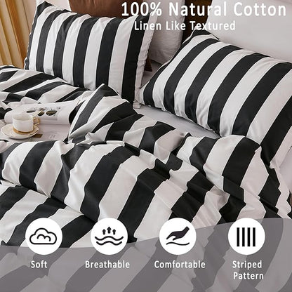 Merryword Black and White Striped Duvet Cover Set King Size - 100% Cotton Duvet Cover Set with Zipper Closure & 8 Corner Ties, 3-Piece Luxury Linen Like Bedding Set for All Seasons