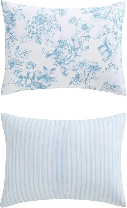 Laura Ashley - Queen Comforter Set, Soft & Reversible Floral Bedding with Bonus Bed Sheets & Pillowcases, 7 Piece Bed Set for Year Round Comfort (Delphine Saras/Sprig Blue)