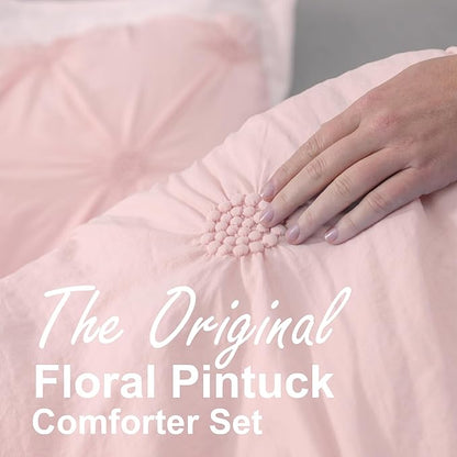 Swift Home Twin/Twin XL Baby Pink Rose Blush Comforter Set - Ruched 3D Floral Pintuck Bedding Set - 2 Pieces Bed Linen, 1 Comforter and 1 Pillow Sham