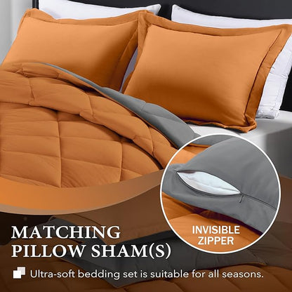 downluxe King Size Comforter Set - Burnt Orange and Grey King Comforter, Soft Bedding Sets for All Seasons -3 Pieces - 1 Comforter (104"x92") and 2 Pillow Shams(20"x36")