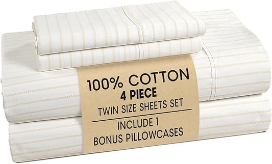Casa Platino Sheets Twin Size Bed Set – 100% Cotton Sheet Set Twin Crisp Percale Weave with 2 Pillowcases, with 15" Deep Pocket Fitted Sheet for Secure Fit, Ultra Soft & Breathable – Sandora
