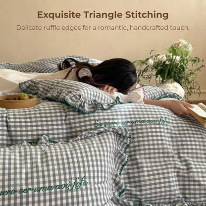 CRUSHIMO Morning Mist Gingham Washed Cotton Duvet Cover Set - Shabby Chic Gingham Plaid Bedding with Ruffle Trim & Triangle Stitching - Ultra Soft Breathable Comforter Cover (Sea Salt Blue, King)