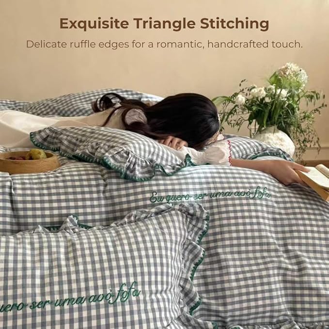 CRUSHIMO Morning Mist Gingham Washed Cotton Duvet Cover Set - Shabby Chic Gingham Plaid Bedding with Ruffle Trim & Triangle Stitching - Ultra Soft Breathable Comforter Cover (Sea Salt Blue, Queen)