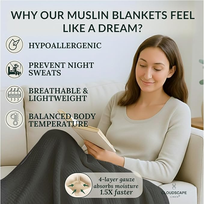 CLOUDSCAPE 100% Cotton Muslin Throw Blanket for Adults - 4 Layer 50x70 Oversized Breathable Gauze Bedding, All Season Spring Gifting, Cozy Lightweight Throw for Sofa, Couch, Home Decor - Sharkskin