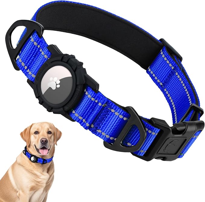 Taglory AirTag Dog Collar with Waterproof Holder for Large Dogs, Navy Blue | Reflective for Night Walks & Low-Light Safety, Track Your Pup Peace of Mind, Adjustable Soft Padded, No More Dangling Tags L