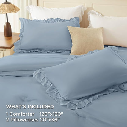 Andency Super King Ruffle Comforter Set, 3 Pieces Shabby Chic Farmhouse Bedding Set, Lightweight Soft Comforter Set 120x120 for Girls Women (1 Comforter 2 Pillowcases), Grayish Blue