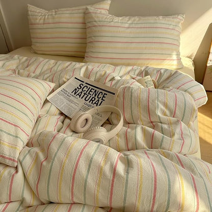 EAVD Colorful Striped Duvet Cover King Soft 100% Cotton Vintage Pink Green Yellow Stripes Printed Bedding Set with 2 Pillowcases Retro Reversible Geometric Comforter Cover with Zipper Corner Ties