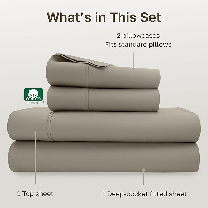 California Design Den Full Size Bed Sheets Set - Soft 400 Thread Count Sateen, Natural 100% Cotton Sheets with Deep Pockets, Breathable, and Durable Bedding Set - Taupe
