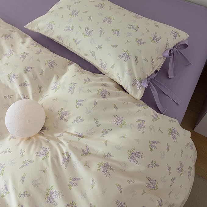 VM VOUGEMARKET Purple Flower Duvet Cover Set Twin 3 Pieces Girls Cottagecore Bedding Set 100% Cotton Lilac Floral Comforter Cover with Zipper Closure,Vintage Country Bedding-Lavender,68x86 Inch