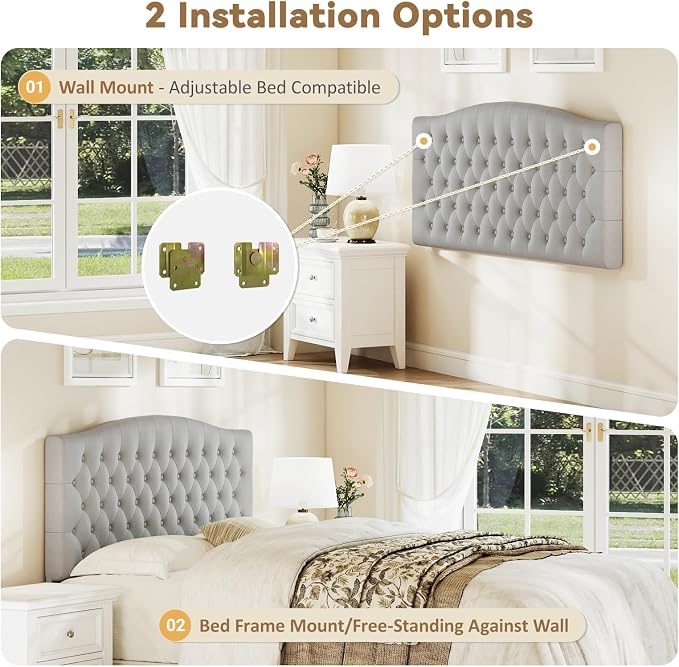 Queen Headboard Only, Velvet Classic Tufted Design, Silver Gray | 2 installation options: 1.bed frame mount 2.wall mount (for adjustable bed), Classic hand-tufted headboard king size