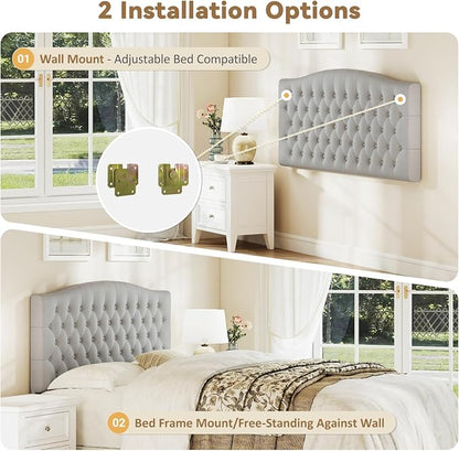 Queen Headboard Only, Velvet Classic Tufted Design, Silver Gray | 2 installation options: 1.bed frame mount 2.wall mount (for adjustable bed), Classic hand-tufted headboard king size
