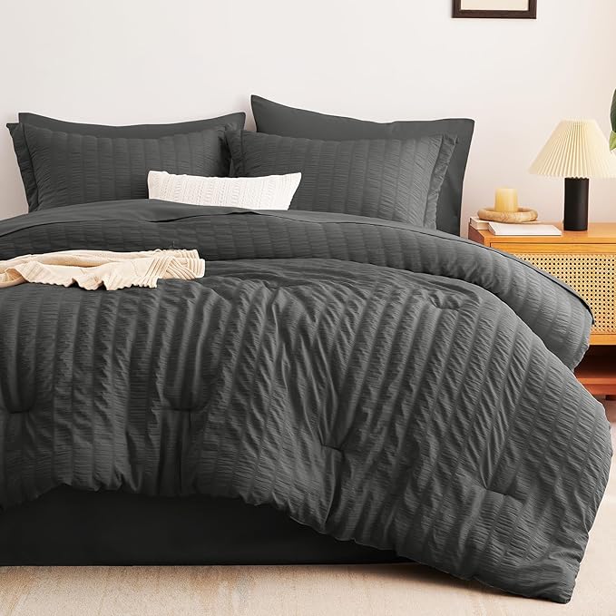 CozyLux California King Comforter Set with Sheets 7 Pieces, Dark Grey Seersucker Bed in a Bag Cal King Luxury Soft Bedding Sets with Down Alternative Comforter, Sheets, Pillowcases & Shams, Dark Gray