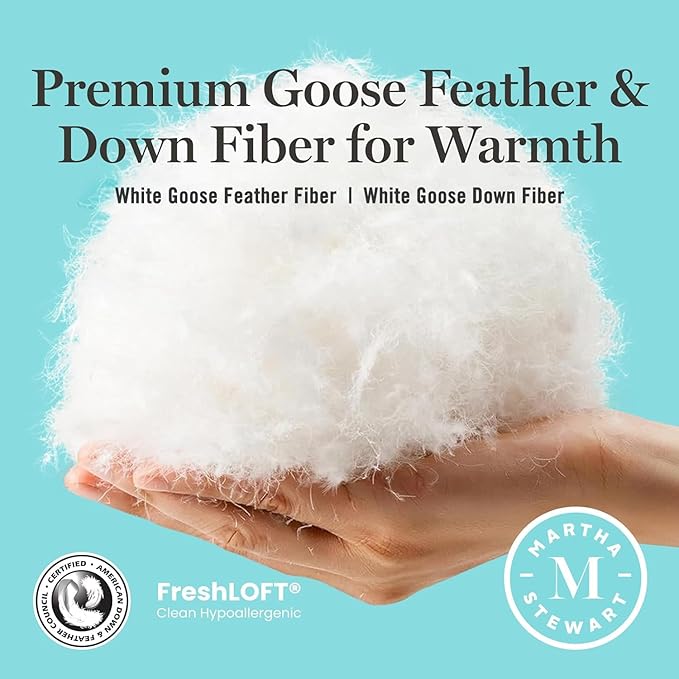 Martha Stewart Goose Feather Down Fiber Cotton Comforter Queen Size, Feather Duvet Insert Queen, Hotel Collection Hypoallergenic Comforter 58oz All Season Medium Warmth 90 x 90 Inch White