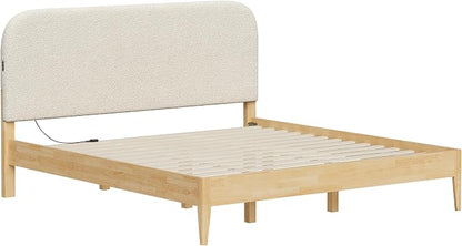 KISLOT Wood Bed Frame with USB & Type-C, Boucle Headboard, Oat, King | Platform Bed, Mattress Foundation, No Box Spring Needed, Easy Assembly