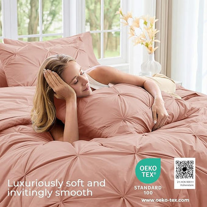Sasttie King Size Comforter Set, 7-Piece Bed in a Bag, Pintuck Bedding Set for All Season, Includes Comforter, Flat Sheet, Fitted Sheet, Pillowcases and Pillowshams, Blush