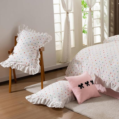 A Nice Night Colorful Heart Love Pattern Bedding Set,Ruffle 6 Piece Bed in a Bag Matching Sheet Set,Princess Chic Style,White Comforter Sets Room Decor for Girls,Twin