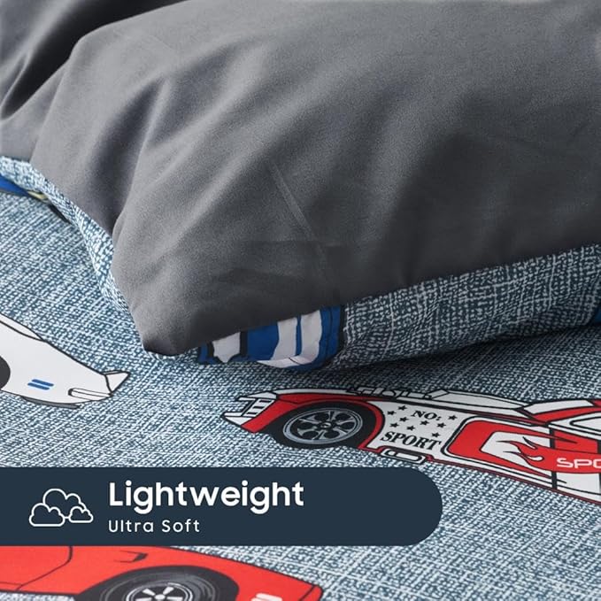 Wake In Cloud - Race Car Bedding Set for Boys, Cute Colorful Sports Car Supercar Wheels Comforter Set with Sheets, 7 Pieces Kids Bed in a Bag, Gray, Full Size