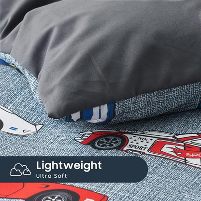 Wake In Cloud - Race Car Bedding Set for Boys, Cute Colorful Sports Car Supercar Wheels Comforter Set with Sheets, 7 Pieces Kids Bed in a Bag, Gray, Full Size
