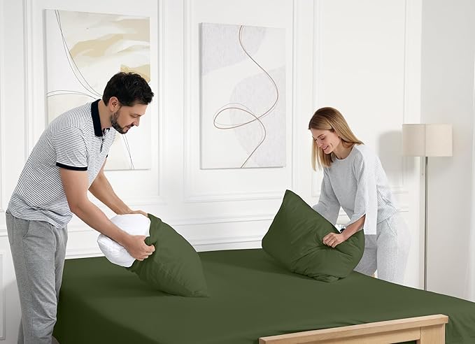 RUVANTI 100% Cotton Sheets – King Size Percale Bedding, Cooling & Breathable, Durable with a Crisp, Soft & Comfortable Feel, 16" Deep Pocket, 4-Piece Set, Chive