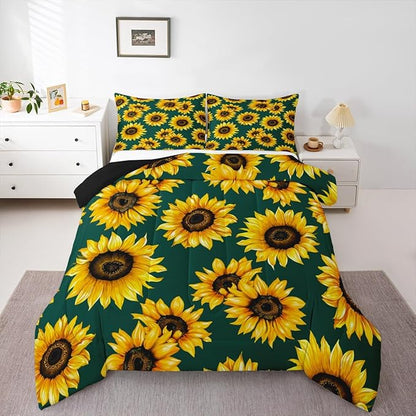 Erosebridal Sunflower Comforter Set King Size 3D Floral Bedding Set for Kids Girls Women Adult Yellow Floral Down Comforter Botanical Flower Print Green Quilt Set Blossom Garden Duvet Set