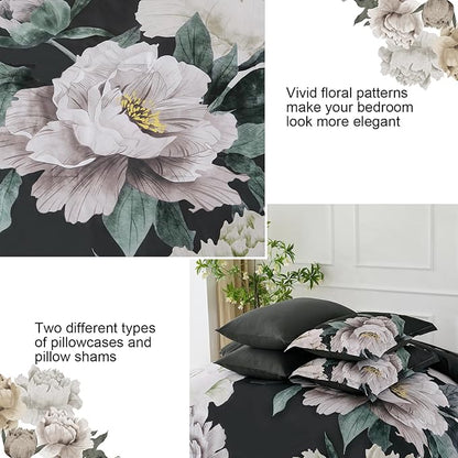 Dobuyly Black Comforter Set Queen 7 Piece Bed in a Bag, Floral Comforter Set with Sheets, Soft Microfiber Botanical Flower Bedding Set for All Season