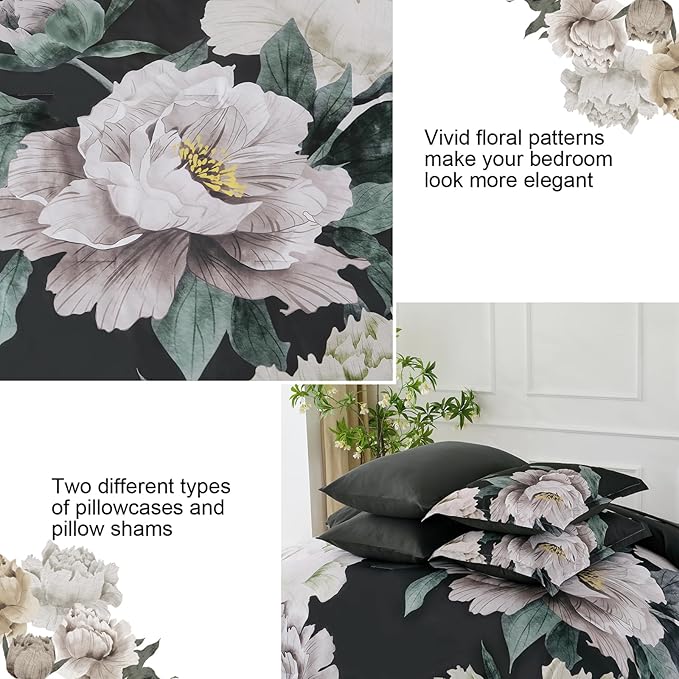 Dobuyly Black Comforter Set King Size 7 Piece Bed in a Bag, Floral Comforter Set with Sheets, Soft Microfiber Botanical Flower Bedding Set for All Season