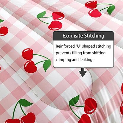 Red Cherry Gingham Bedding King Size,Cute Cherry Fruit Comforter Set for Kids Girls Women,3Pcs Pink Grid with Summer Fruit Bedding for Girls,Kawaii Plaid Quilt 1 Comforter 2 Pillowcases