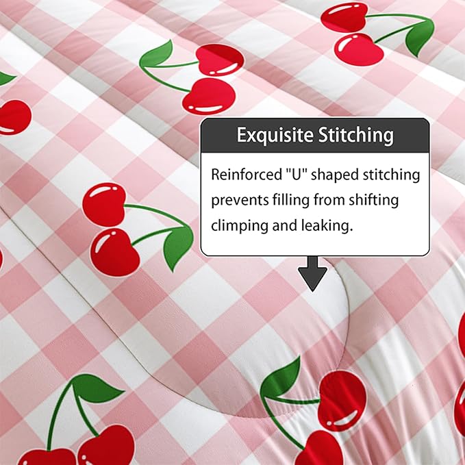 Red Cherry Gingham Bedding Twin Size,Cute Cherry Fruit Comforter Set for Kids Girls Women,3Pcs Pink Grid with Summer Fruit Bedding for Girls,Kawaii Plaid Quilt 1 Comforter 2 Pillowcases