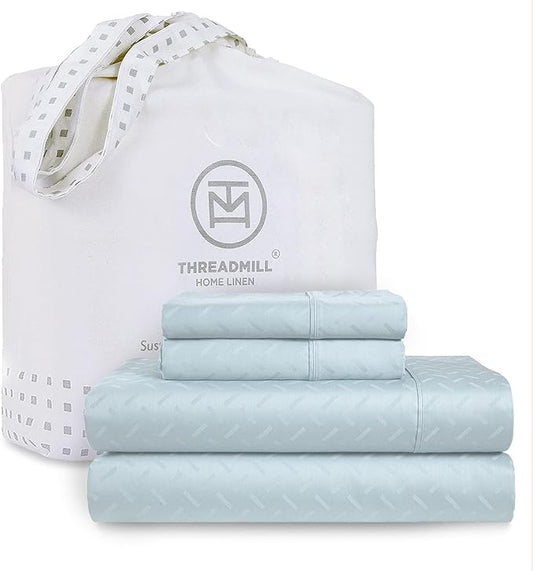 Threadmill Cotton Twin Sheet Set | 100% Cotton Sheets for Twin Size Bed | Damask Jacquard Sateen Twin Bed Sheets Set with 16” Deep Pocket | Soft Breathable 3-Piece Cooling Sheet Set | Blue